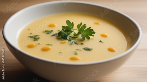 White bowl containing creamy yellow potato stew with sprig of parsley.