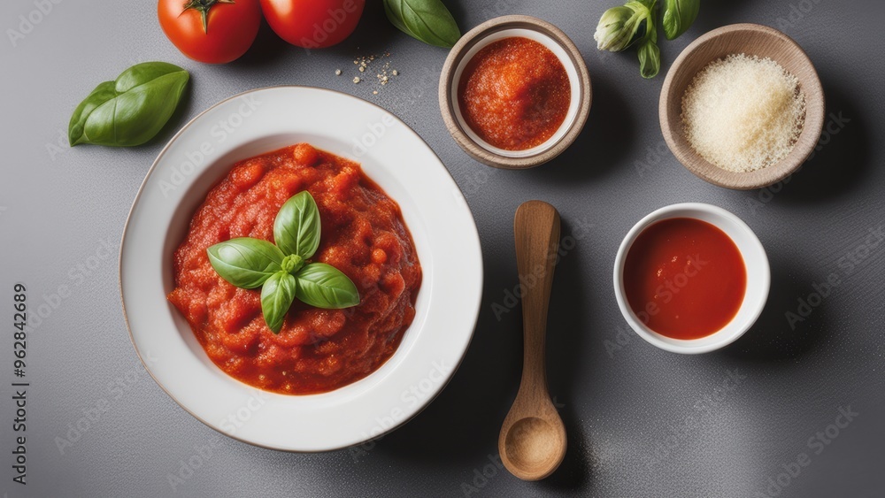 Close-up of kitchen prep with tomato sauce basil Parmesan cheese and wooden spoons. Close-up of kitchen prep with tomato sauce basil Parmesan cheese and wooden spoons.