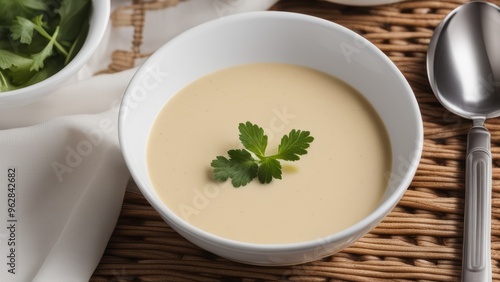 Bowl of creamy soup with parsley garnish and crusty bread on a woven placemat. 