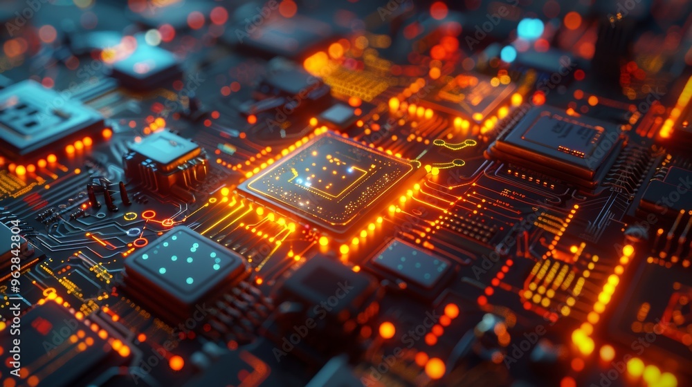 Illustration of a quantum computer core, depicted with glowing qubits and complex circuits in a high-tech laboratory environment.