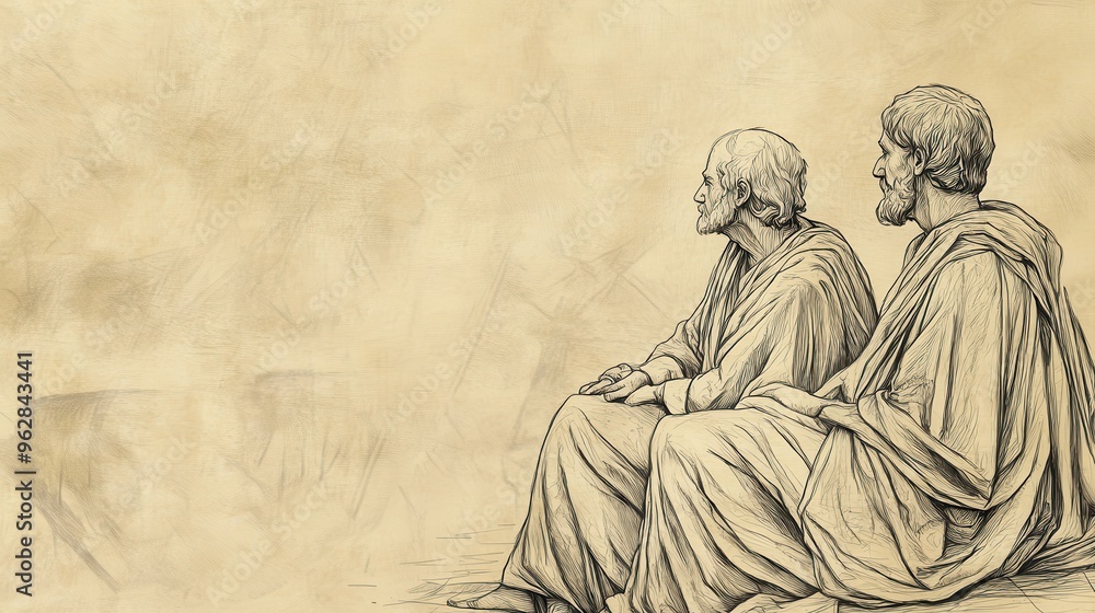 Fototapeta premium Biblical Illustration: The Value of Wisdom Over Folly: Attentive Listening in a Humble Setting Versus Ignoring Fools in a Noisy Marketplace in Ecclesiastes on a Beige Background