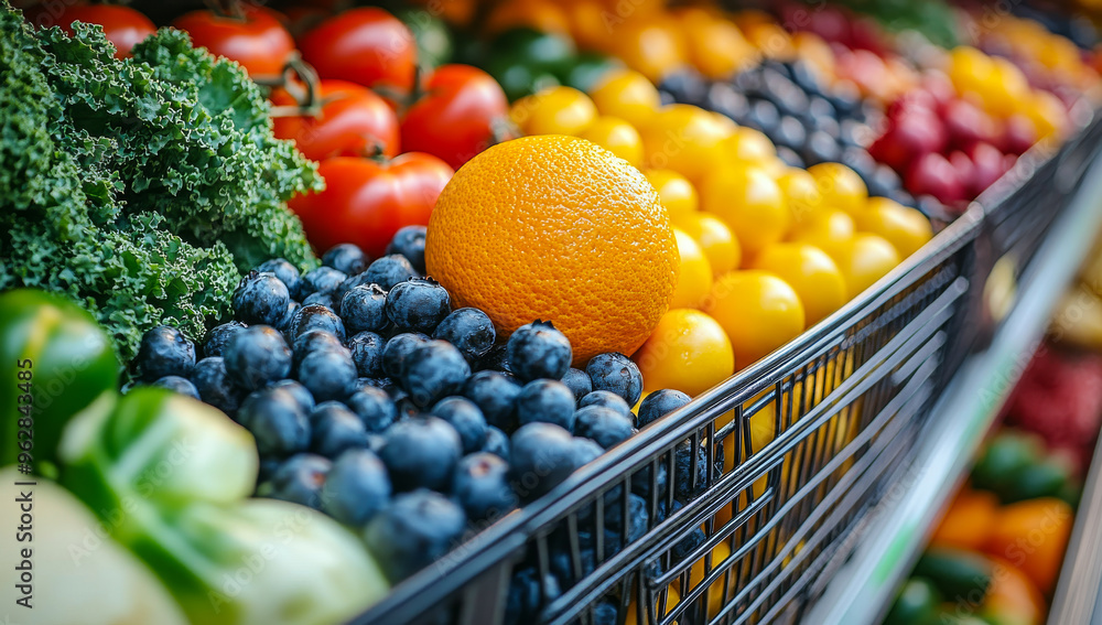 A basket of fruit with a blueberry and an orange. The basket is full of fruit including oranges, blueberries, and tomatoes A basket of fruit with a blueberry and an orange. The basket is full of fruit including oranges, blueberries, and tomatoes