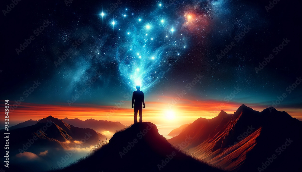 Fototapeta premium silhouette of a person stands on a mountain peak at sunrise, gazing into the vast universe, where stars and cosmic energy seem to connect with their mind. This image represents the exploration of
