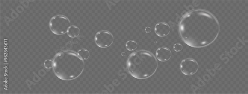 Realistic soap vector bubbles png isolated on transparent background. The effect of falling and flying bubbles. Glass bubble effect
