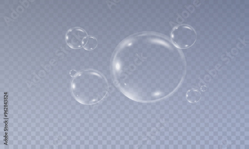 Realistic soap vector bubbles png isolated on transparent background. The effect of falling and flying bubbles. Glass bubble effect