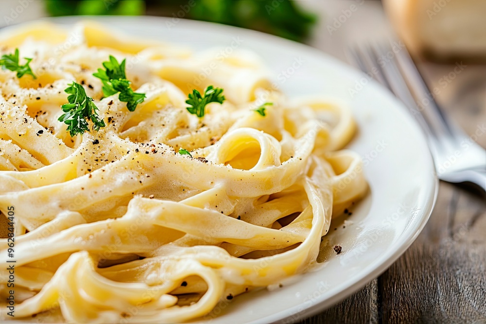 Creamy fettuccine pasta garnished with parsley. Creamy fettuccine pasta garnished with parsley.