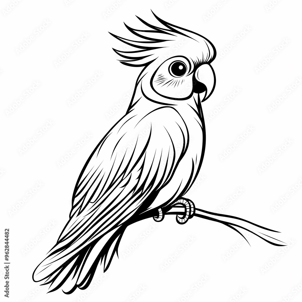 Obraz premium Line drawing of a cockatoo perched on a branch.