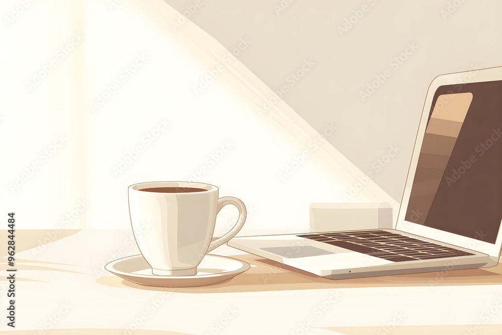 A white coffee cup sits on a saucer next to a laptop computer A white coffee cup sits on a saucer next to a laptop computer