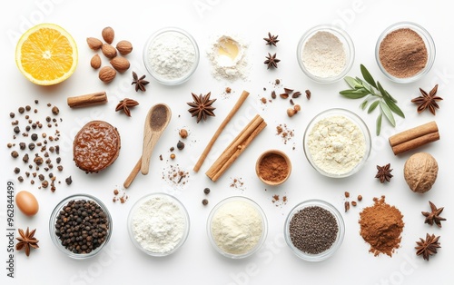 Baking ingredients flat lay on white background, home cooking