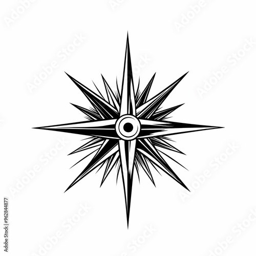 Black and white illustration of a stylized star with eight points and a circle in the center. photo