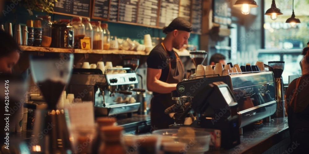 portrait of barista brewing coffee in cafe bar portrait of barista brewing coffee in cafe bar