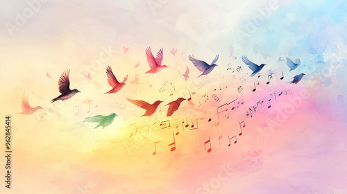 Musical notes morphing into birds in flight, soaring across a pastel-colored sunset