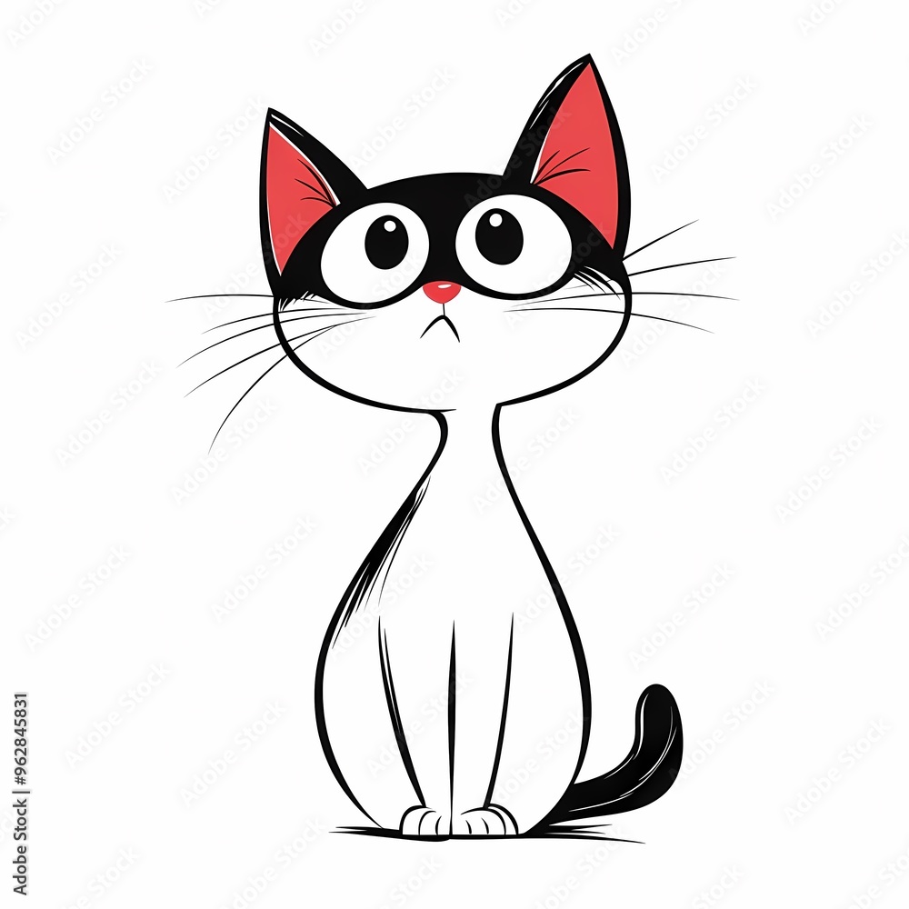 A cute cartoon cat with big eyes and a black and white coat sits on a white background, looking up. A cute cartoon cat with big eyes and a black and white coat sits on a white background, looking up.