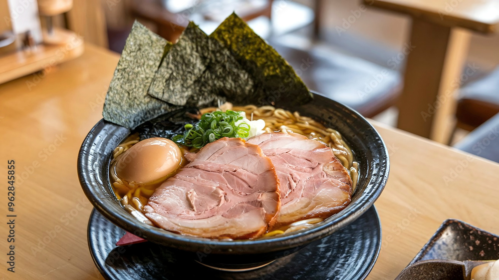 A bowl of authentic Japanese ramen with sliced pork, soft-boiled egg, and green onions served in a rich broth, set against a soft, traditional Japanese restaurant background. A bowl of authentic Japanese ramen with sliced pork, soft-boiled egg, and green onions served in a rich broth, set against a soft, traditional Japanese restaurant background.