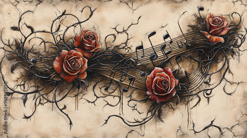 Fototapeta Naklejka Na Ścianę i Meble -  Intricate tattoo design featuring musical notes entwined with roses and thorns, set against a skin-like texture