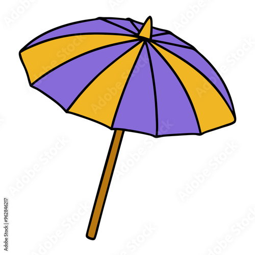 Cartoon beach umbrella in purple and yellow stripes representing summer and relaxation