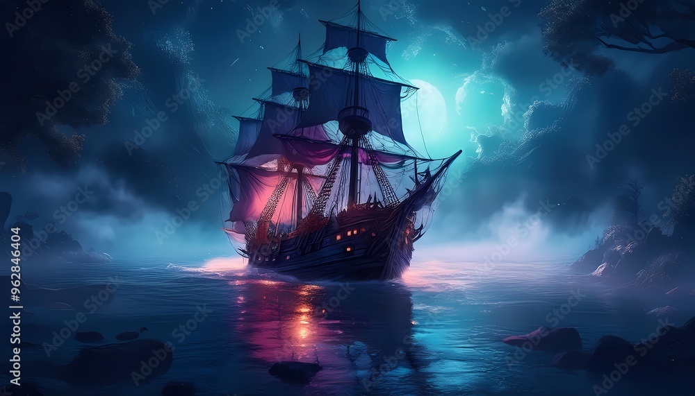 Fototapeta premium A ghost ship sailing through foggy waters at night