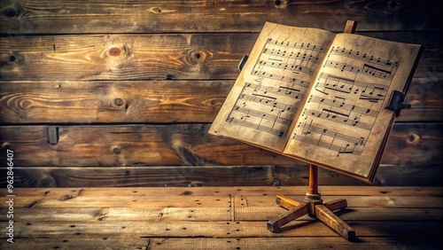 A vintage wooden music stand holds a sheet of classical musical notes, surrounded by scattered melodies and harmonies on a worn, wooden desk surface. photo