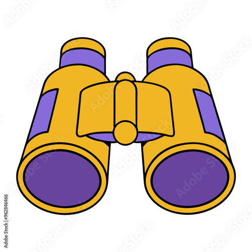 Cartoon binoculars in yellow and purple colors representing exploration and adventure