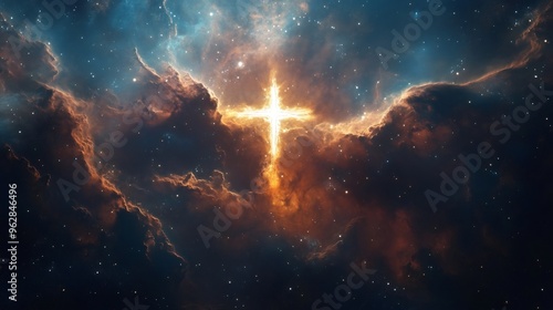 A glowing cross shines brightly in a cosmic nebula, surrounded by stars and dust clouds.