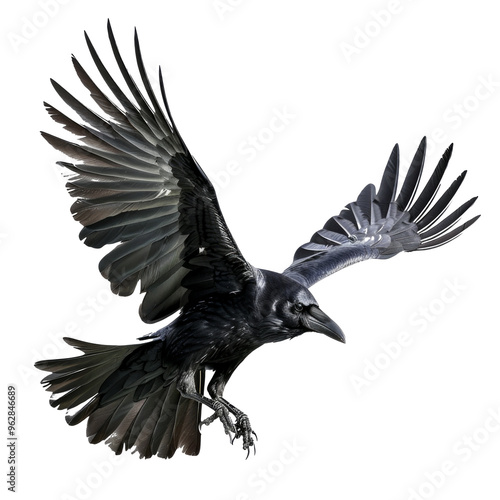 Crow, black bird in flight. Isolated on transparent background. PNG design element. photo