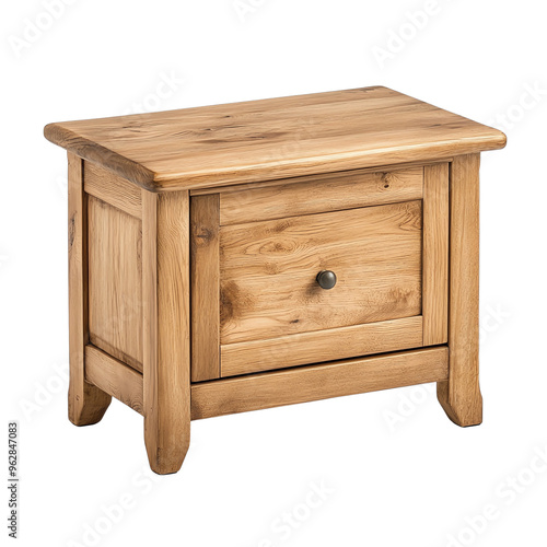 A charming wooden nightstand featuring white background