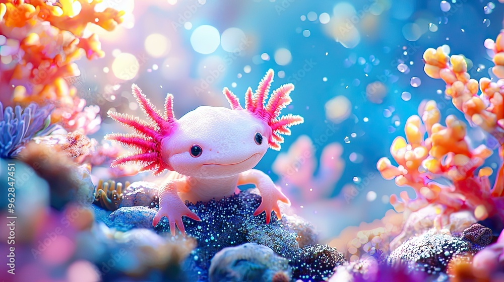 A stunning digital artwork of an axolotl gracefully swimming through a vibrant coral reef filled with a variety of colorful corals and lively marine creatures, celebrating underwater beauty.