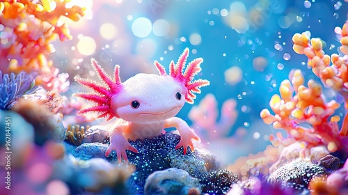 Obraz na płótnie A stunning digital artwork of an axolotl gracefully swimming through a vibrant coral reef filled with a variety of colorful corals and lively marine creatures, celebrating underwater beauty. w salonie