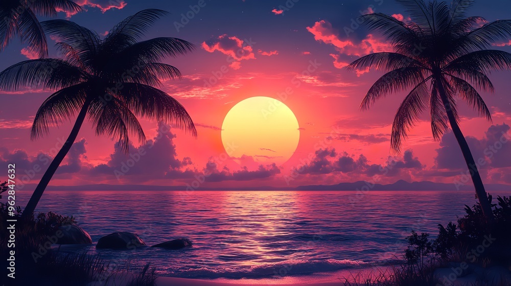 A serene scene of a sunset over a peaceful body of water, accompanied by palm trees, suitable for use in travel or relaxation-themed projects A serene scene of a sunset over a peaceful body of water, accompanied by palm trees, suitable for use in travel or relaxation-themed projects