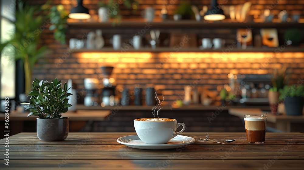 Modern 3D Coffee Day Party Scene with Realistic Coffee-Themed Decor, Tableware, and Party Ambience Modern 3D Coffee Day Party Scene with Realistic Coffee-Themed Decor, Tableware, and Party Ambience
