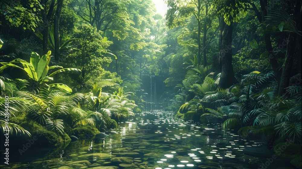 A lush green forest, surrounded by towering trees and a stream running through it. The background is a dense jungle. Generative AI. A lush green forest, surrounded by towering trees and a stream running through it. The background is a dense jungle. Generative AI.