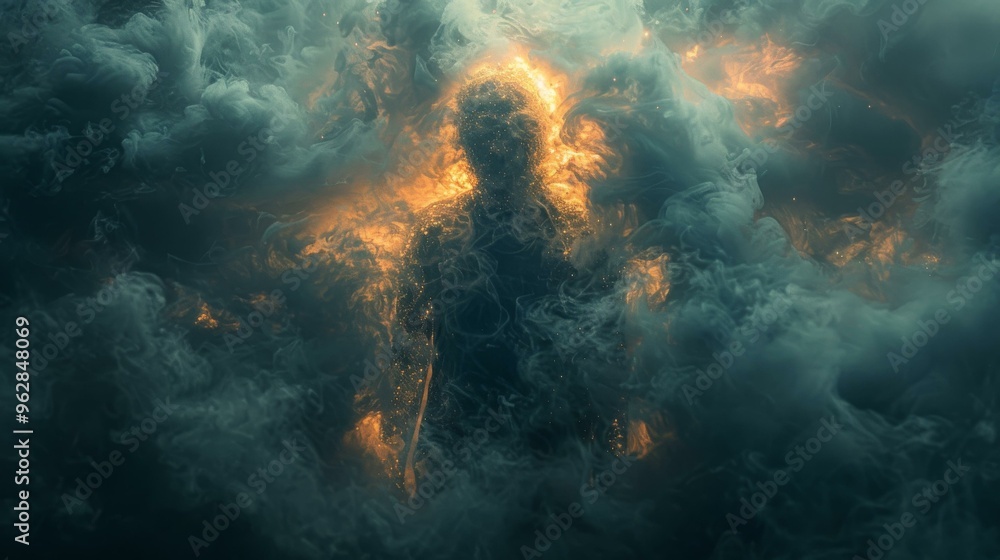 Fototapeta premium Abstract Figure Emerging from Smoke and Light