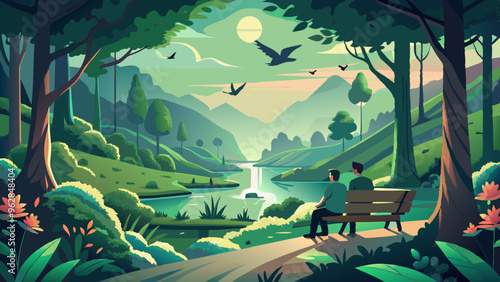 Tranquil Nature Park Scene with Couple on Bench