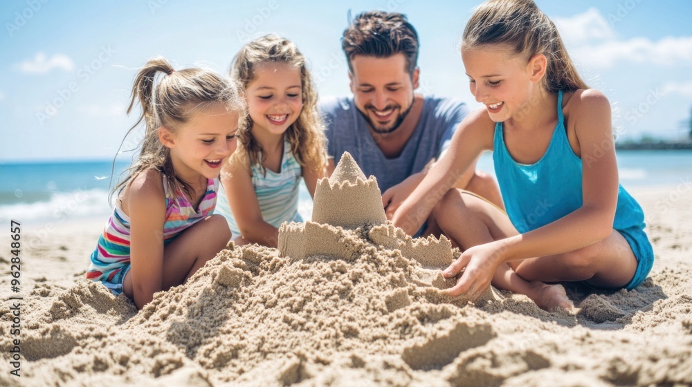 A father and his three daughters are joyfully building a sandcastle on a sunny beach, sharing laughter and creating special memories by the water A father and his three daughters are joyfully building a sandcastle on a sunny beach, sharing laughter and creating special memories by the water