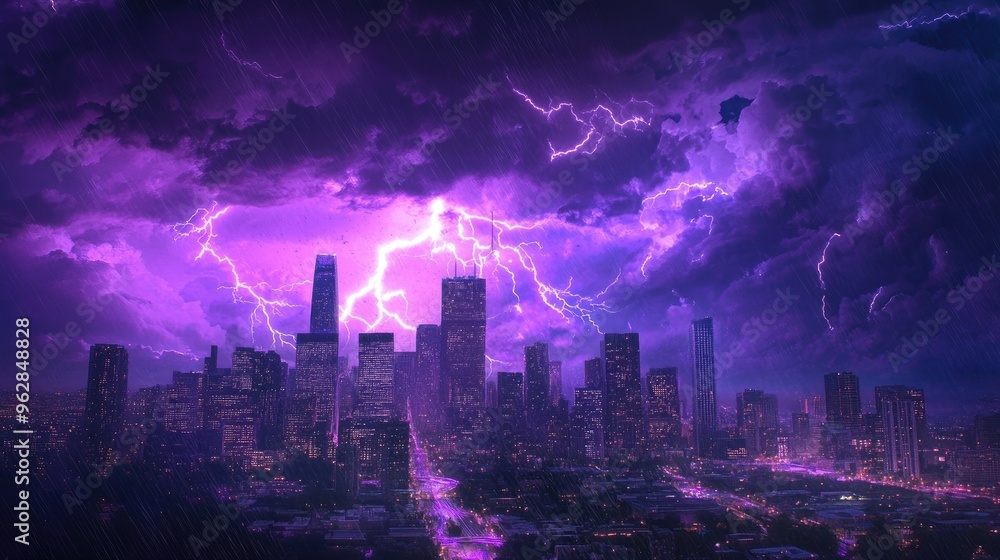 Obraz premium A dramatic storm with lightning bolts illuminating the city skyline in a vibrant purple hue, creating a stunning contrast against the night sky.