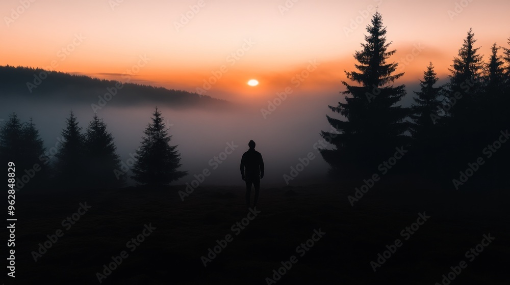 As the sun rises, a solitary person makes their way through a misty forest, flanked by towering pine trees beneath a vibrant sky, creating a serene and peaceful atmosphere As the sun rises, a solitary person makes their way through a misty forest, flanked by towering pine trees beneath a vibrant sky, creating a serene and peaceful atmosphere