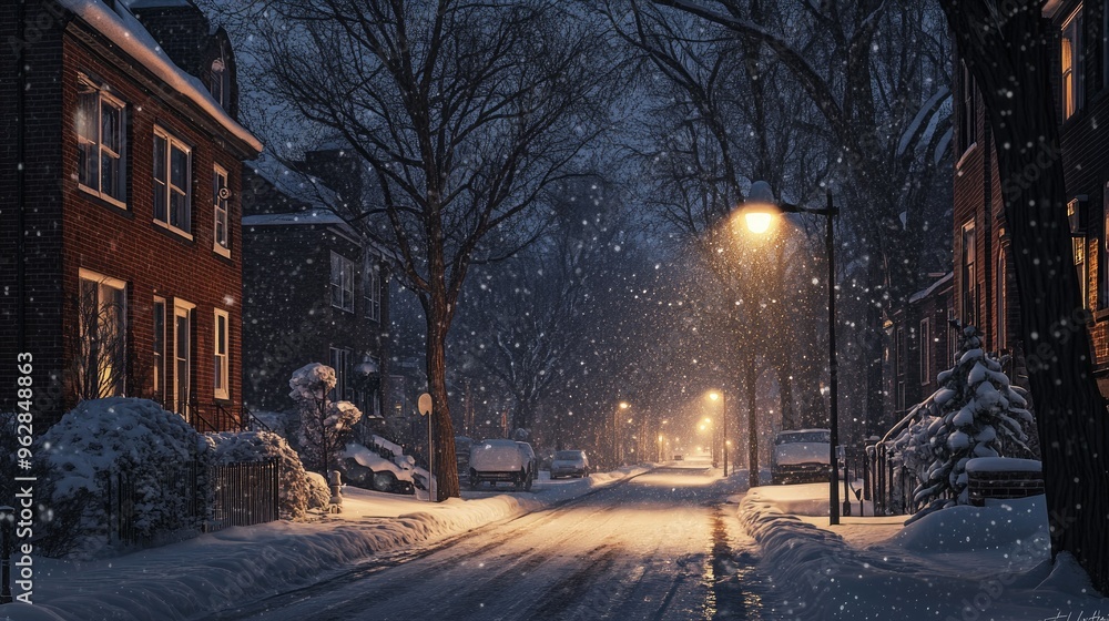 A serene street at night after a snowfall, with untouched snow glistening under the dim glow of streetlights. - A serene street at night after a snowfall, with untouched snow glistening under the dim glow of streetlights. -