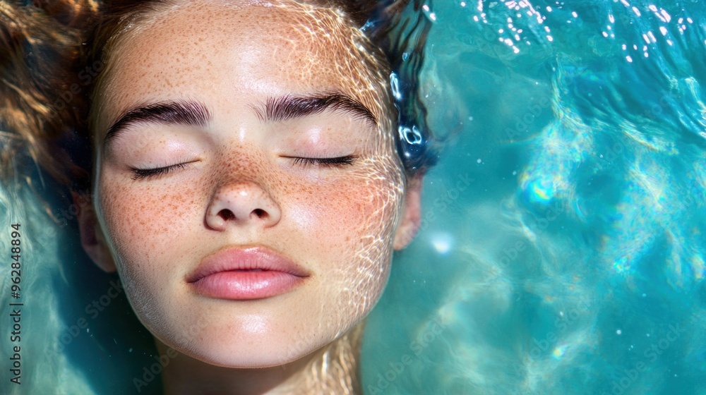 A young woman with a calm expression floats beneath the water's surface, her hair drifting around her. Sunlight creates sparkling patterns over her face, enhancing her natural beauty A young woman with a calm expression floats beneath the water's surface, her hair drifting around her. Sunlight creates sparkling patterns over her face, enhancing her natural beauty