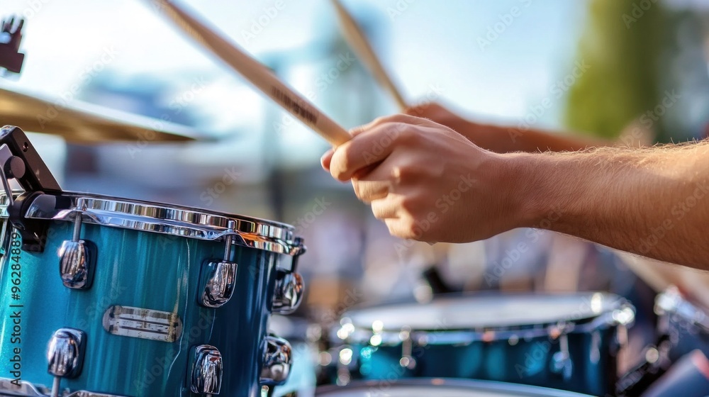 During a summer music festival, a drummer expertly plays on a vibrant blue drum set, focusing intently while captivating the audience with rhythmic beats During a summer music festival, a drummer expertly plays on a vibrant blue drum set, focusing intently while captivating the audience with rhythmic beats