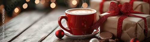 Realistic coffee holiday gifts, close-up of coffee mugs and related items wrapped for Christmas, intricate details, high-definition clarity, natural light, warm and inviting festive scene