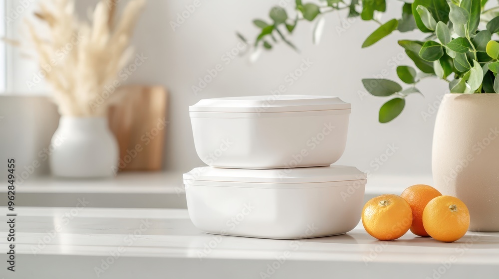 Close up of Minimalist White Plastic Containers and Fresh Oranges on Kitchen Countertop Close up of Minimalist White Plastic Containers and Fresh Oranges on Kitchen Countertop