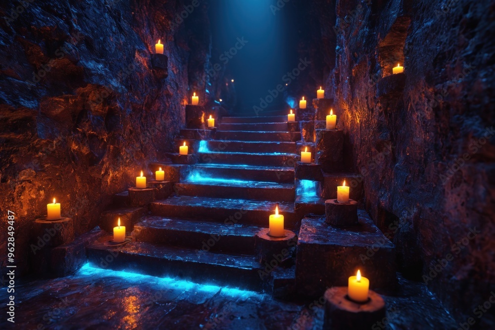 A mysterious, candlelit stone staircase leads upward in a dark cave, illuminated by a soft, ethereal glow A mysterious, candlelit stone staircase leads upward in a dark cave, illuminated by a soft, ethereal glow