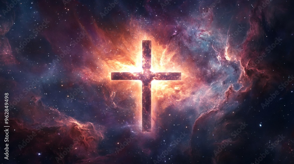 A glowing cross shines brightly in a starry nebula, surrounded by colorful gas and dust, representing faith, hope, and spirituality in the cosmos. A glowing cross shines brightly in a starry nebula, surrounded by colorful gas and dust, representing faith, hope, and spirituality in the cosmos.