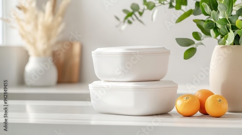 Close up of Minimalist White Plastic Containers and Fresh Oranges on Kitchen Countertop