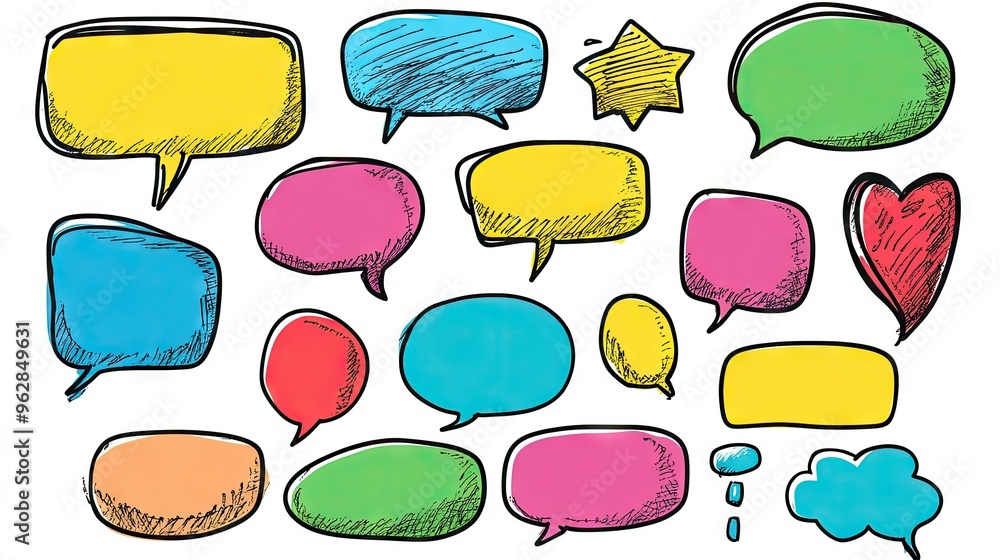 Assorted speech bubble text boxes and message balloons in doodle style, featuring space for custom text. Ideal for communication Assorted speech bubble text boxes and message balloons in doodle style, featuring space for custom text. Ideal for communication
