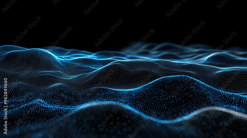 Black background with horizontal blue particle lines that create a flowing 3D landscape, representing futuristic communication technology and digital design.05d30f67499b Black background with horizontal blue particle lines that create a flowing 3D landscape, representing futuristic communication technology and digital design.05d30f67499b