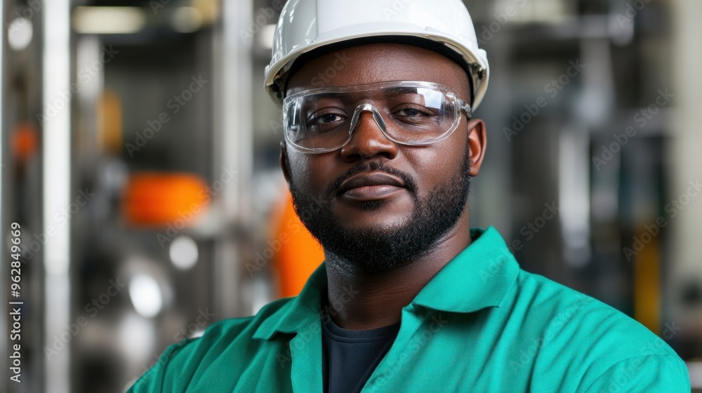 A man wearing a green work uniform, safety glasses, and a hard hat stands confidently in an industrial facility. His expression reflects focus and dedication to his work environment A man wearing a green work uniform, safety glasses, and a hard hat stands confidently in an industrial facility. His expression reflects focus and dedication to his work environment