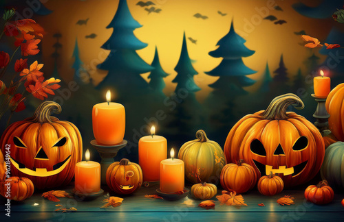 Halloween day with pumpkin and candles illustration.