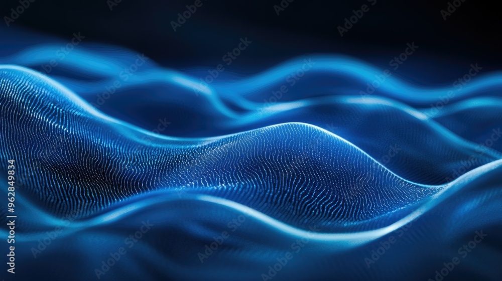 Obraz premium Blue horizontal particle lines creating a smooth, undulating 3D effect against a dark backdrop, capturing the essence of digital and communication technology.