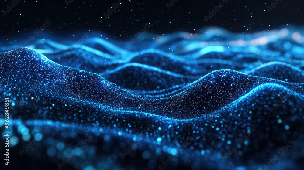 Blue particles creating smooth, horizontal waves on a dark background, showcasing an abstract 3D landscape for communication technology visuals. Blue particles creating smooth, horizontal waves on a dark background, showcasing an abstract 3D landscape for communication technology visuals.